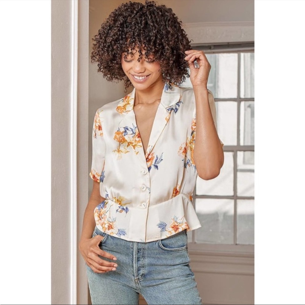 Lulus Cream Floral Collared Crop Top Size M